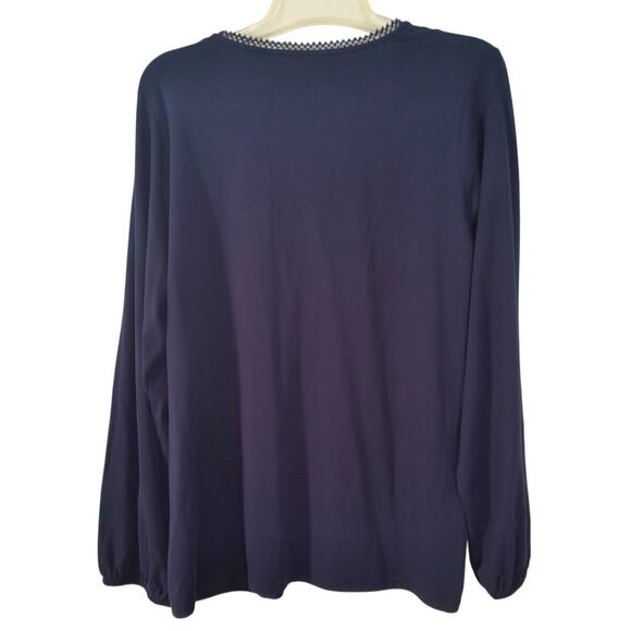 Susan Graver Weekend Embroidered Top Women's Sz L Navy Blue Long Sleeve Popover - Picture 3 of 14